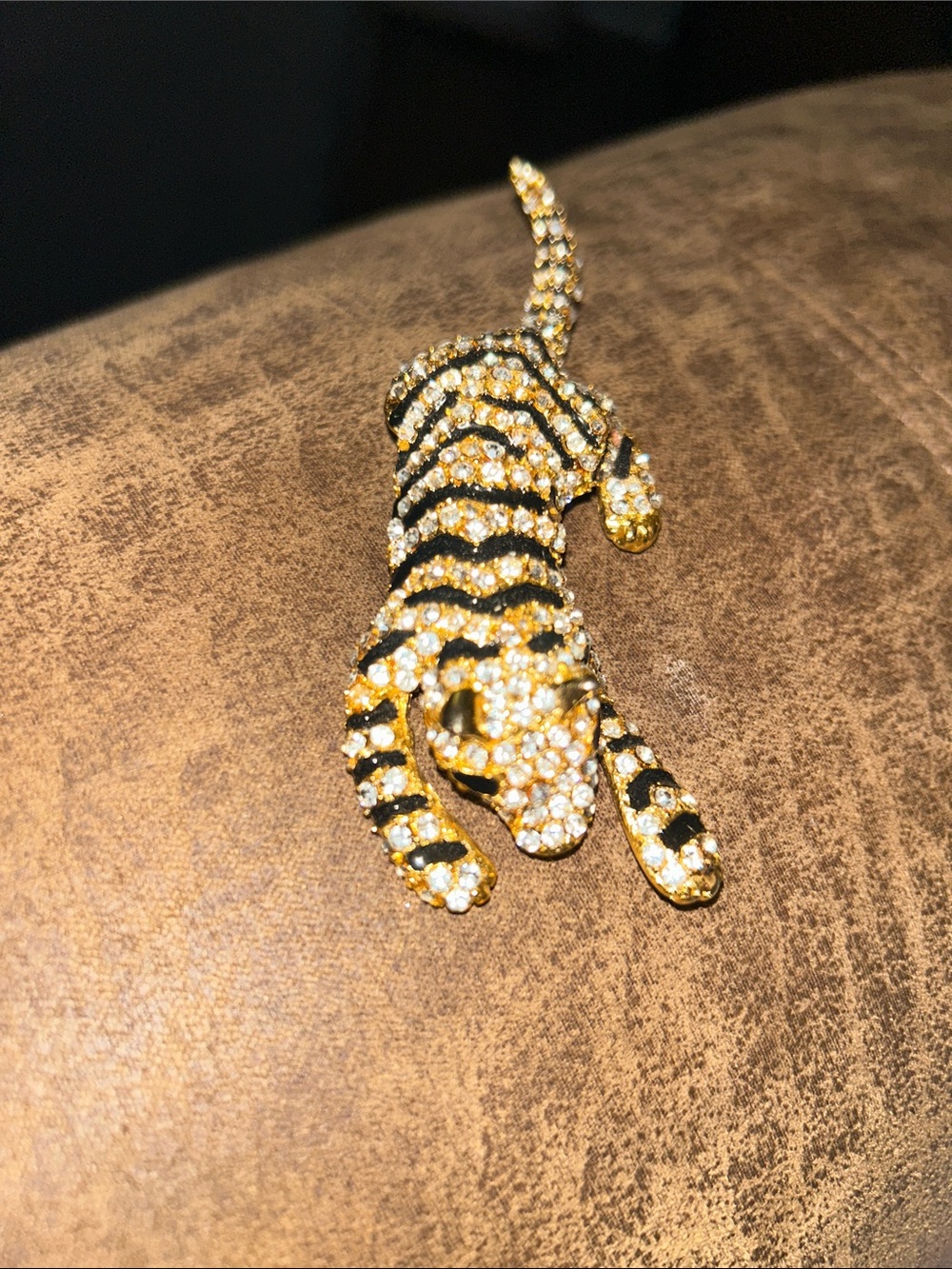 Gold Crystal Tiger Brooch with Black Stripe Detail